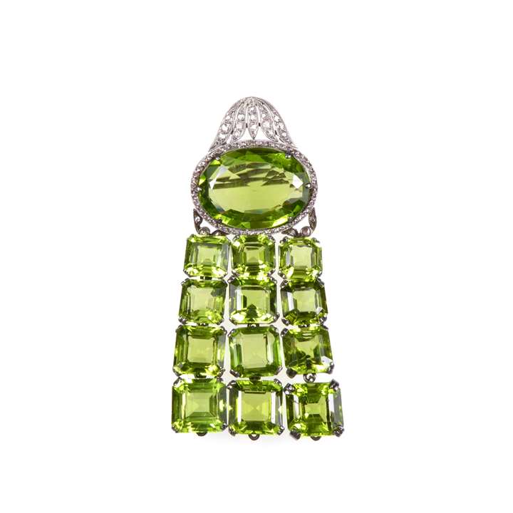 Early 20th century peridot and diamond brooch with later peridot fringe